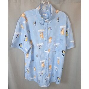RSVLTS Bluey Shirt Mens L Bluey KUNUFLEX Short Sleeve Cartoon Print Button Up
